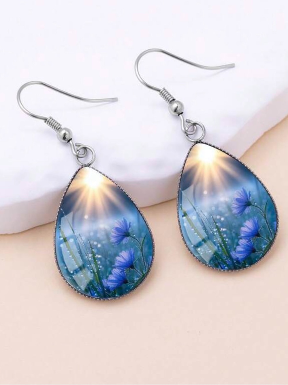 Blue Floral & Dew Stainless Steel Water Drop Earrings